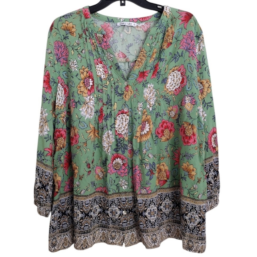 Figueroa & Flower Anthropologie Mixed Print Green Floral Rayon Blouse Size XL